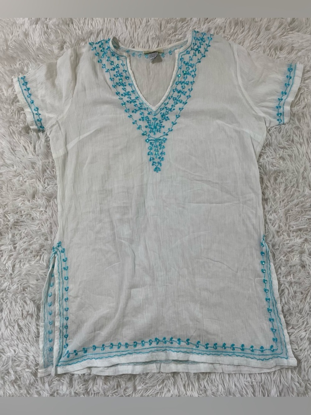 Pineapple Cove Resort Vacation Boho Swim Beach Western Sequin Cover Up White L